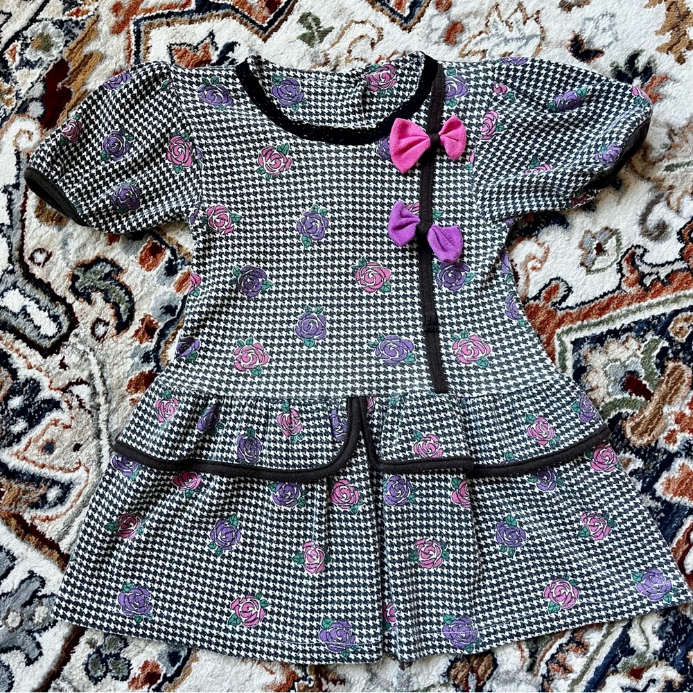 Vintage Houndstooth & Roses 90’s Girls Dress Black Lace Trim Size 5 Toddler